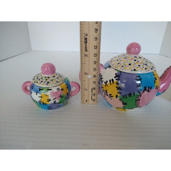 Vintage 2005 Hand Painted Signed Tea Set Pot Sugar Bowl Creamer patchwork - Picture 4 of 16